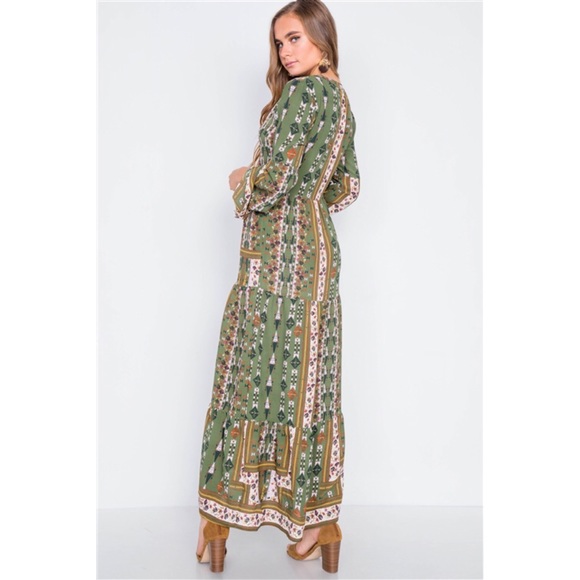 MULTI OLIVE V-NECK LONG SLEEVE MAXI BOHO DRESS - Picture 2 of 5